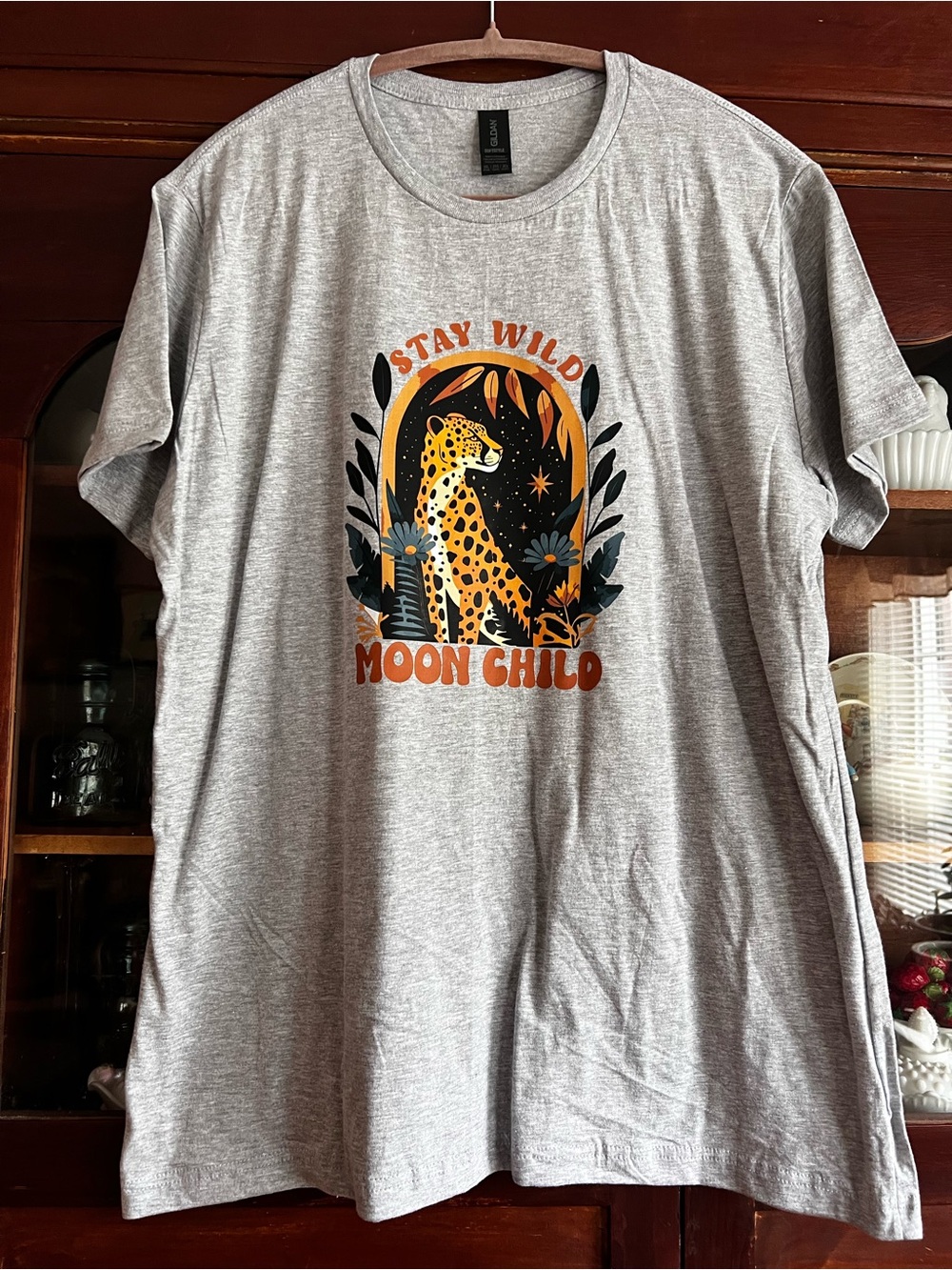 Gildan Gray 'Stay Wild Moon Child' Graphic Tee with Orange Leopard